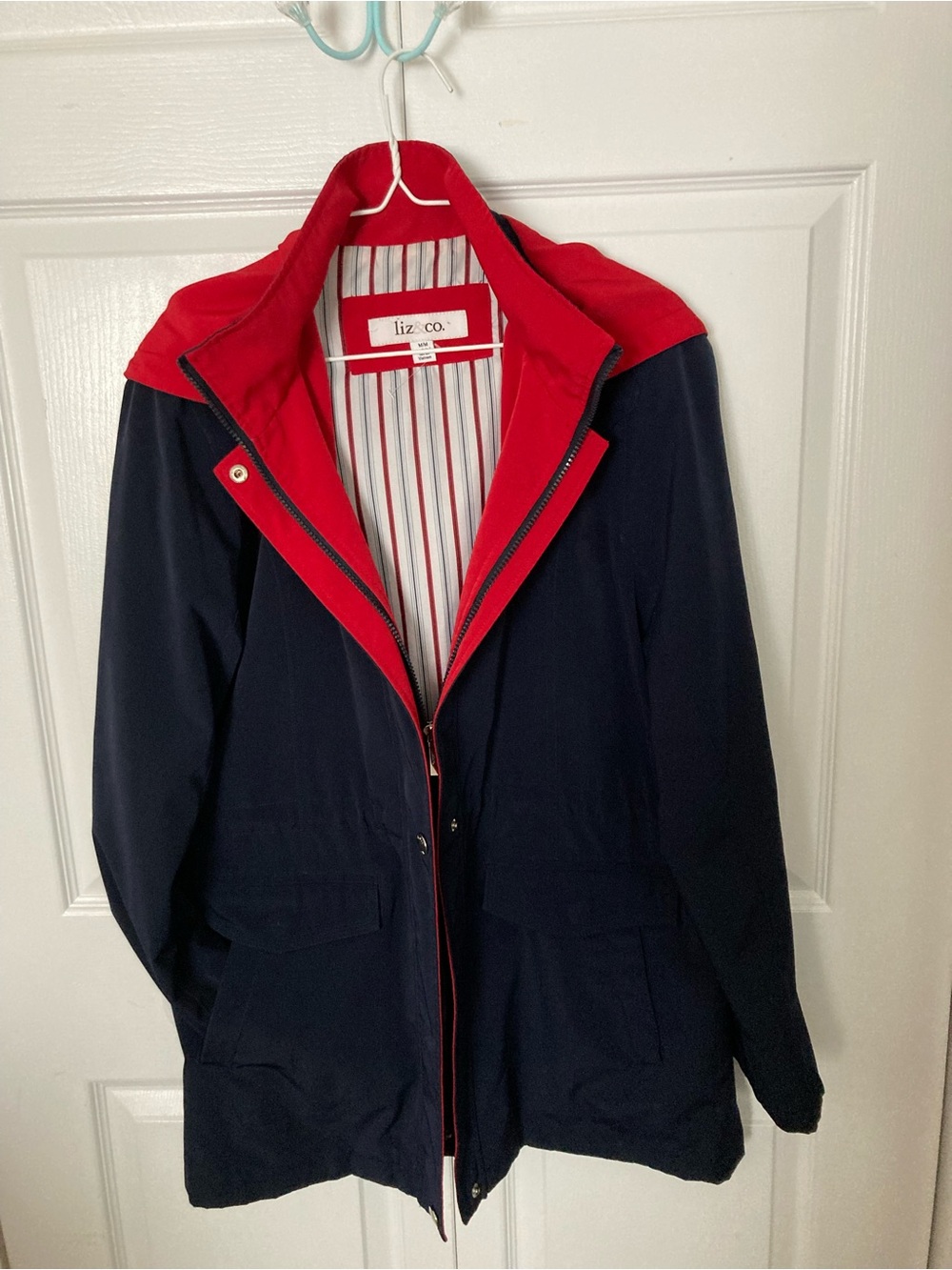 liz & co. Navy Jacket with Red Hood and Trim